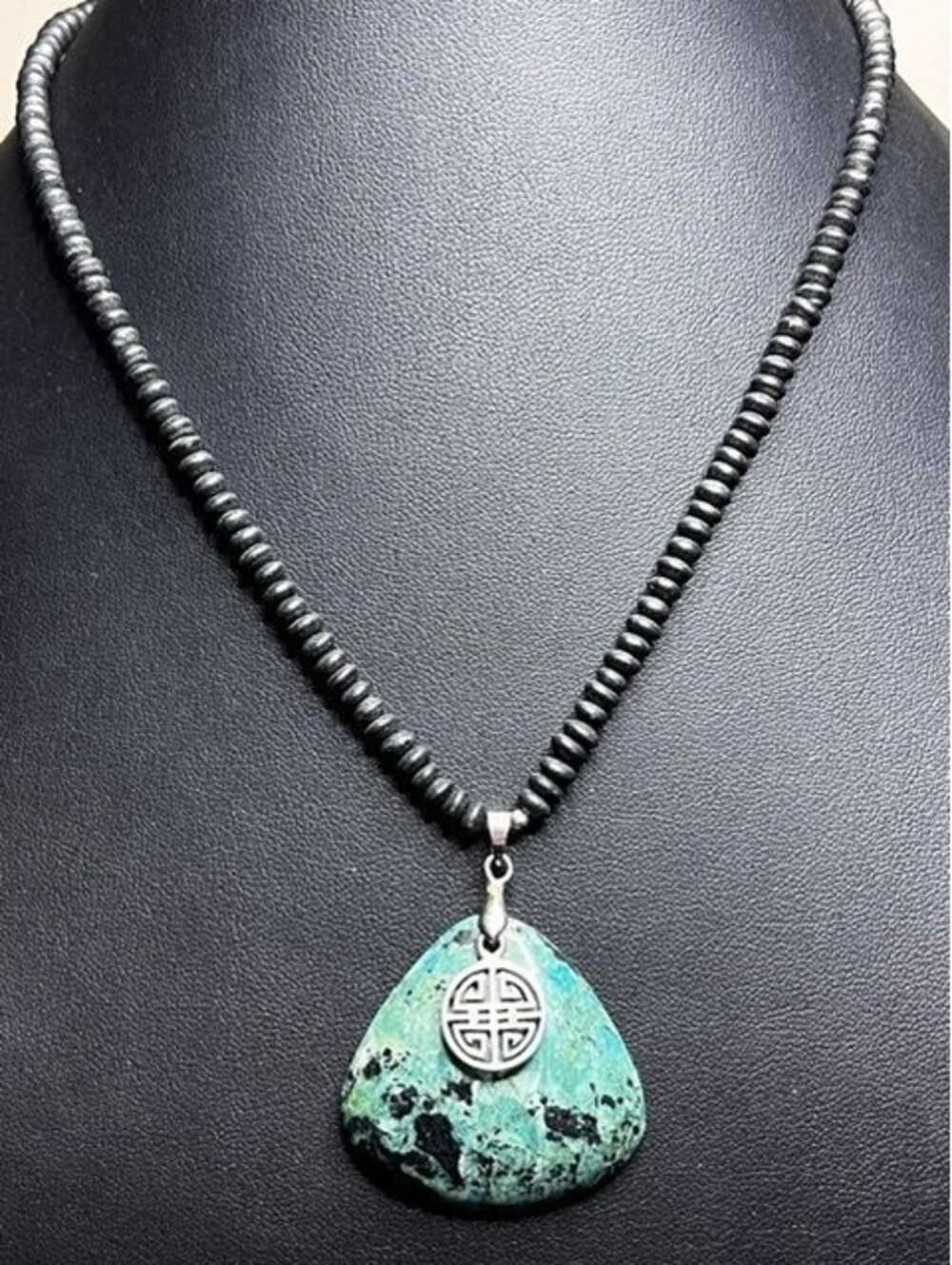 B6869 Turquoise Chrysocolla Chinese Shou Symbol Pendant necklace Magnetic 16.5"